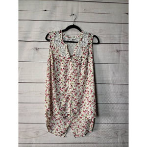 Daniel Rainn Womens Blouse Multicolor Floral Sleeveless High Low Crochet L